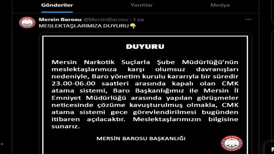 Mersin Barosu, CMK atama sistemini yeniden açtığını duyurdu