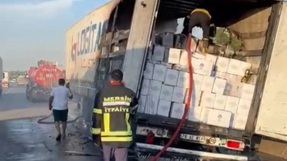Otoyolda kaju yüklü tırda yangın